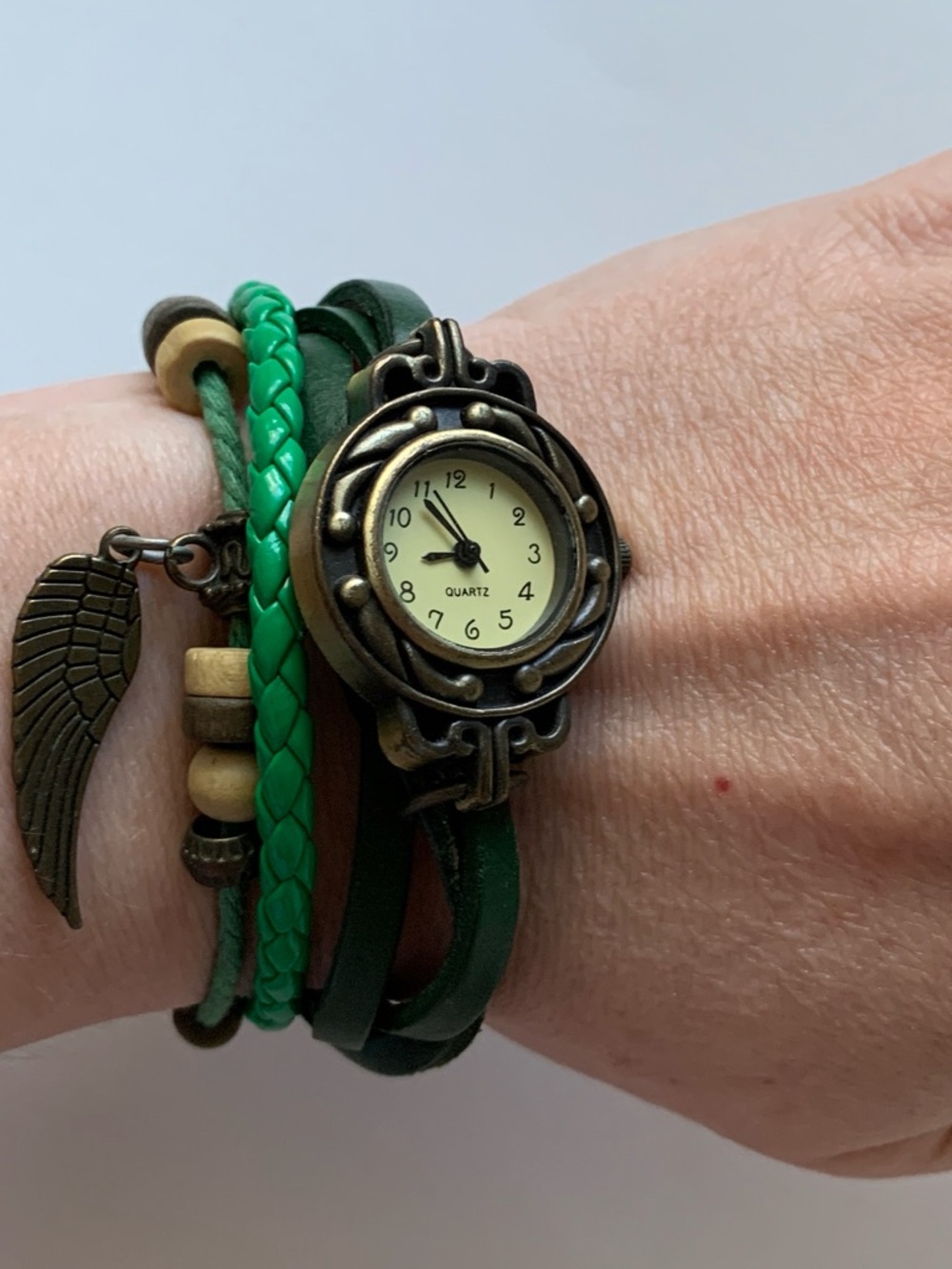 Green Multi-Strand Leather Bracelet Watch with Wing Charm